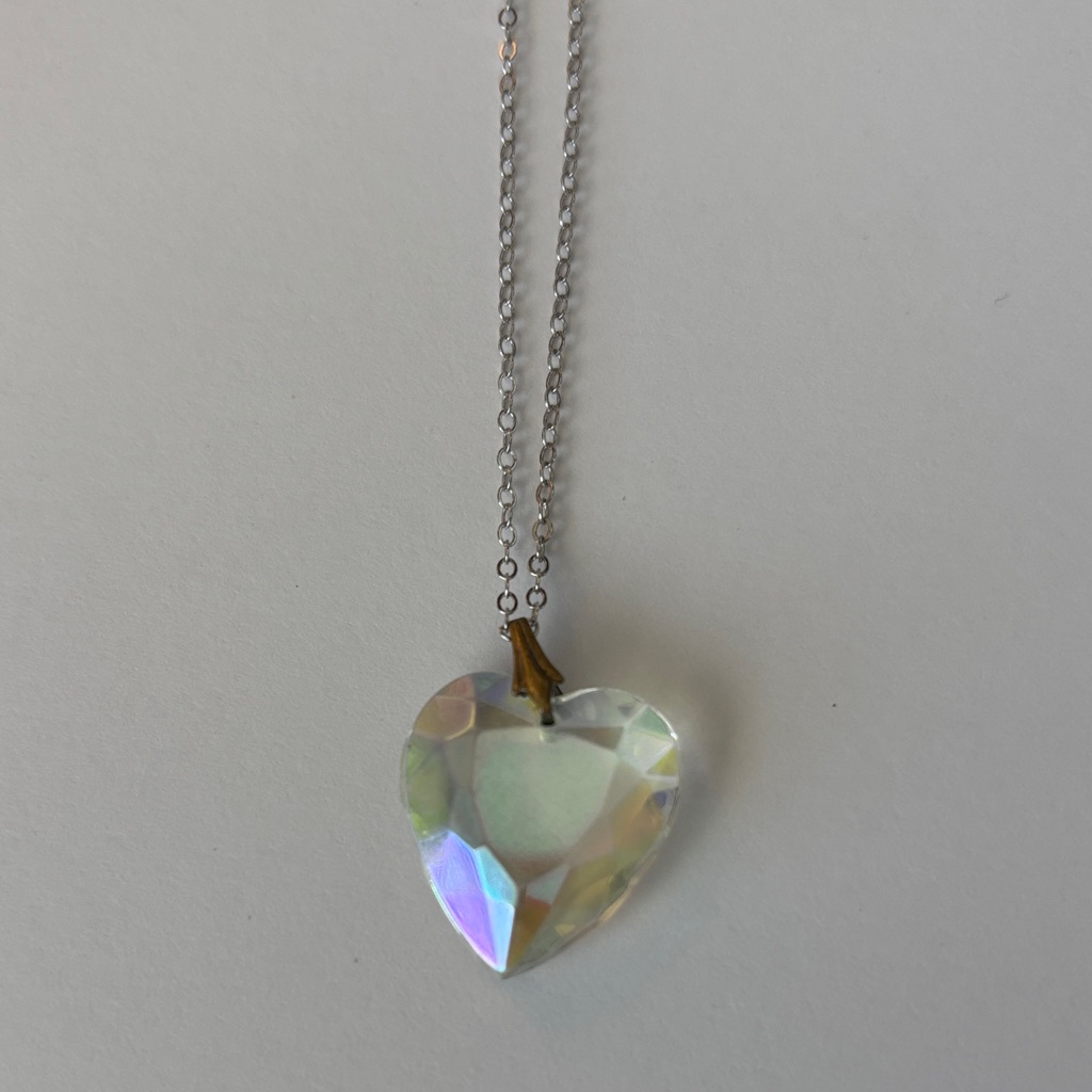 Elegant Vintage Silver Heart Pendant Necklace Aurora Borealis
